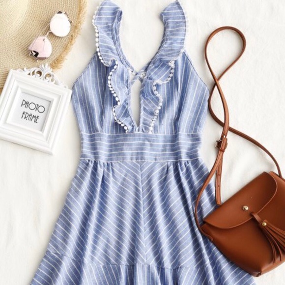 Dresses & Skirts - Plunge Neck Striped Ruffle Dress